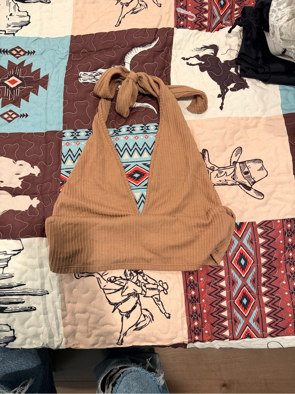 Tan Ribbed Halter Crop Top - Women